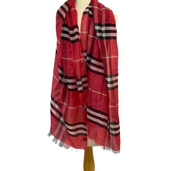 Silk Blend Pink Plaid Raw Edge Scarf - Picture 1 of 5